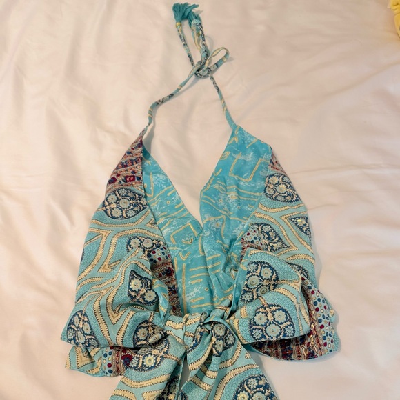 Handmade Bohemian Floral Silk Halter Tie Blue Patterned Summer Top. One Size. - Picture 3 of 10